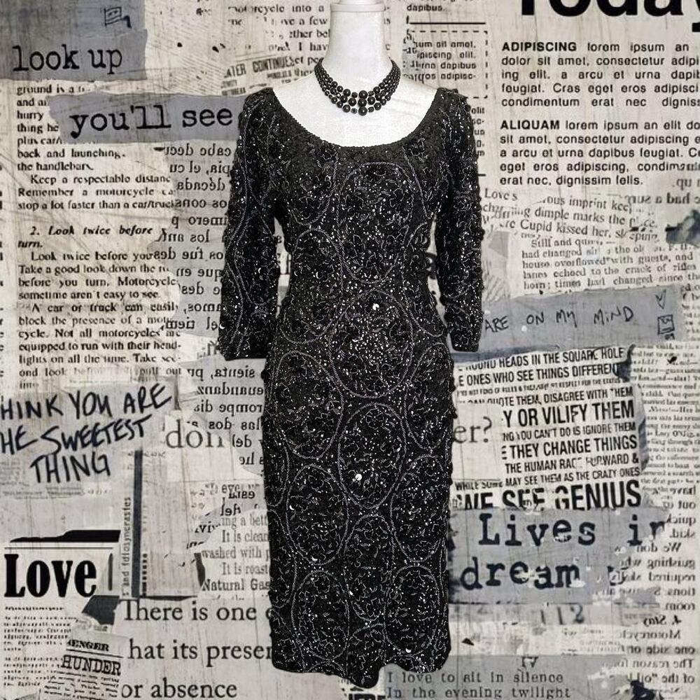 Rare vintage 60s gene shelly Black sequin and beaded semi backless dress W sz 6